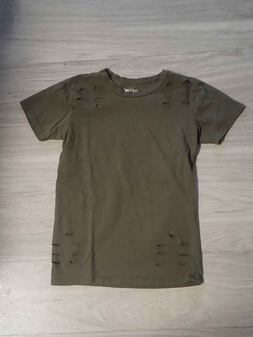 On Fire Olive Green Distressed Short Sleeve Tee